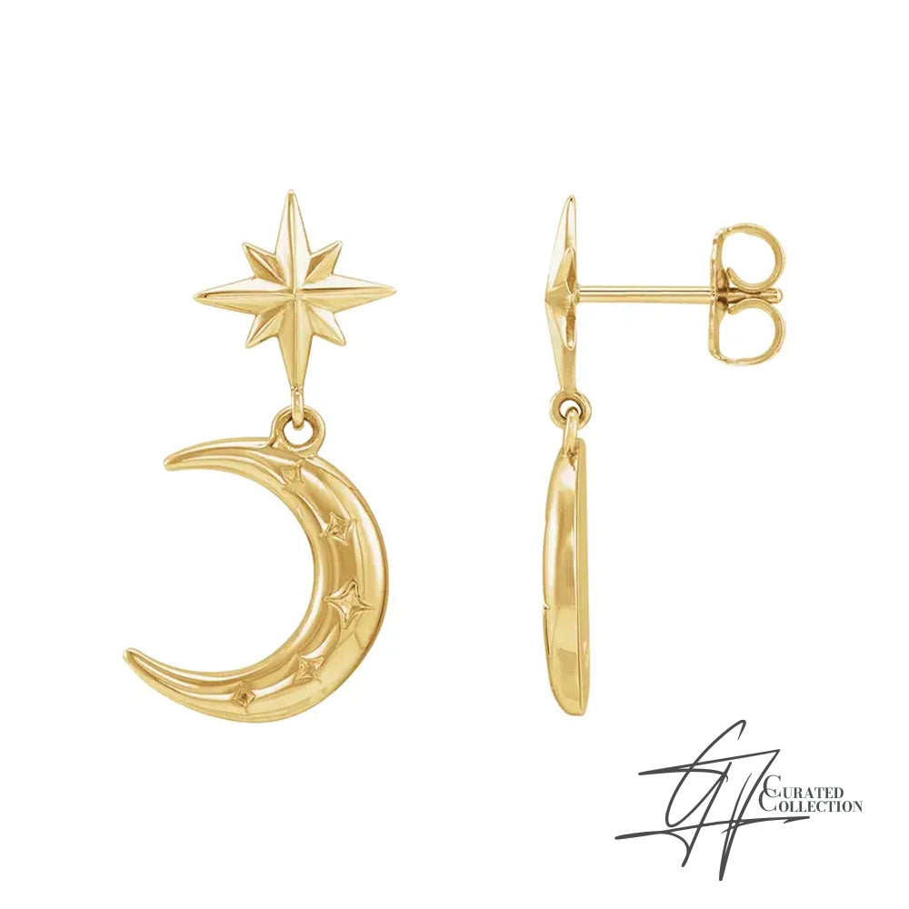 Gradiance Jewelry women's 14KT yellow gold crescent moon and star dangle Intuition Earrings from our Curated Collection.