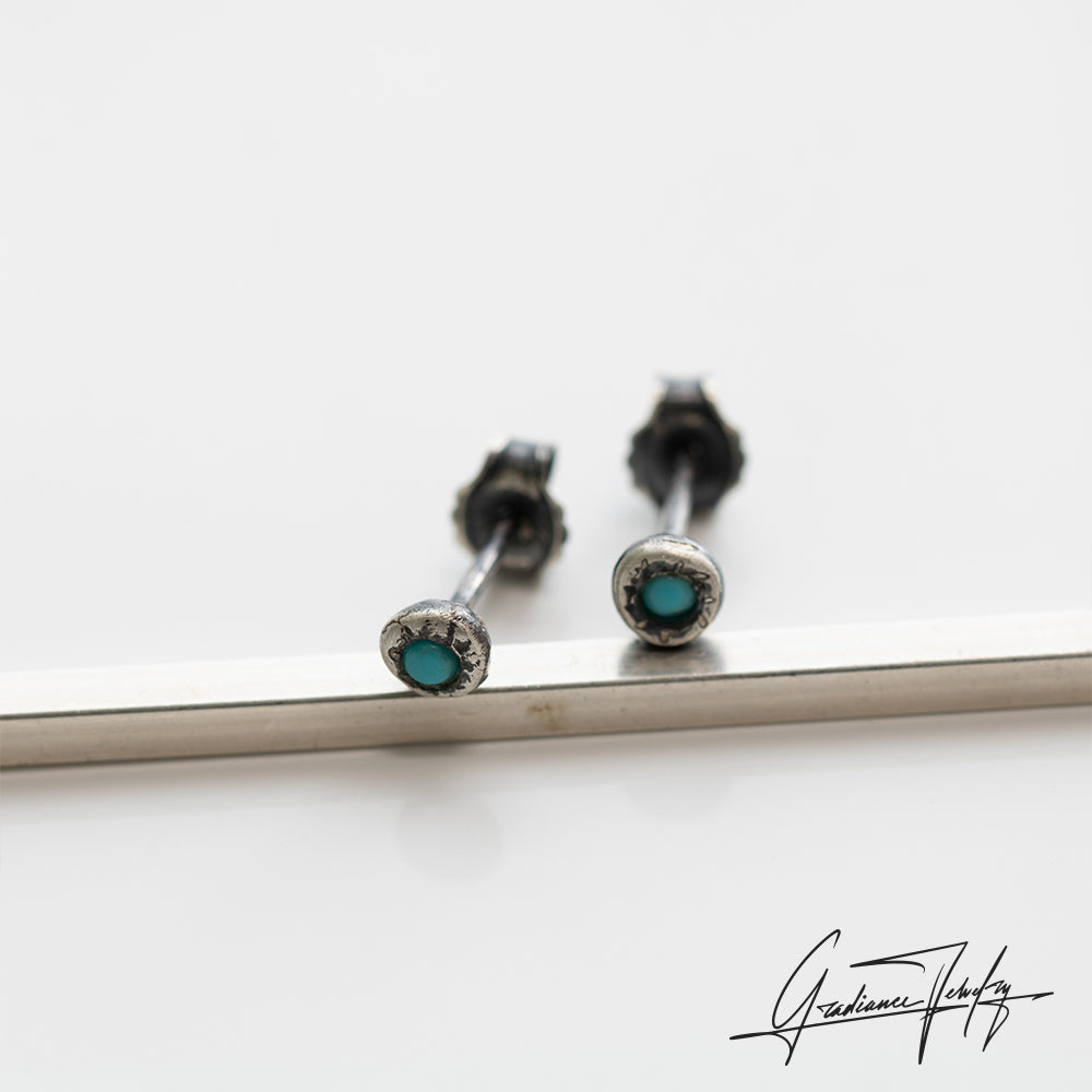 Gradiance Jewelry women's oxidized silver and turquoise cabochon Tiny Tears Studs from the Little Black Jewelry Collection - product shot.
