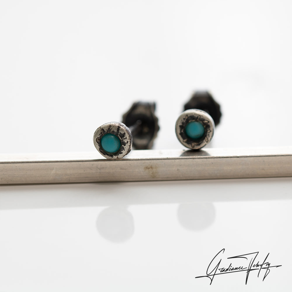 Gradiance Jewelry women's oxidized silver and turquoise cabochon Tiny Tears Studs from the Little Black Jewelry Collection - close up.