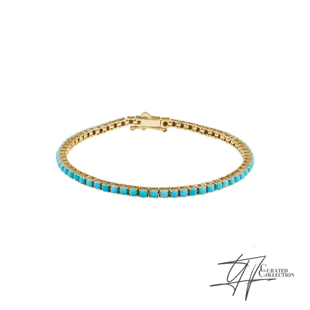 Gradiance Jewelry women's 14KT yellow gold and turquoise cabochon Boho Luxe Tennis Bracelet from the Curated Collection - front view.