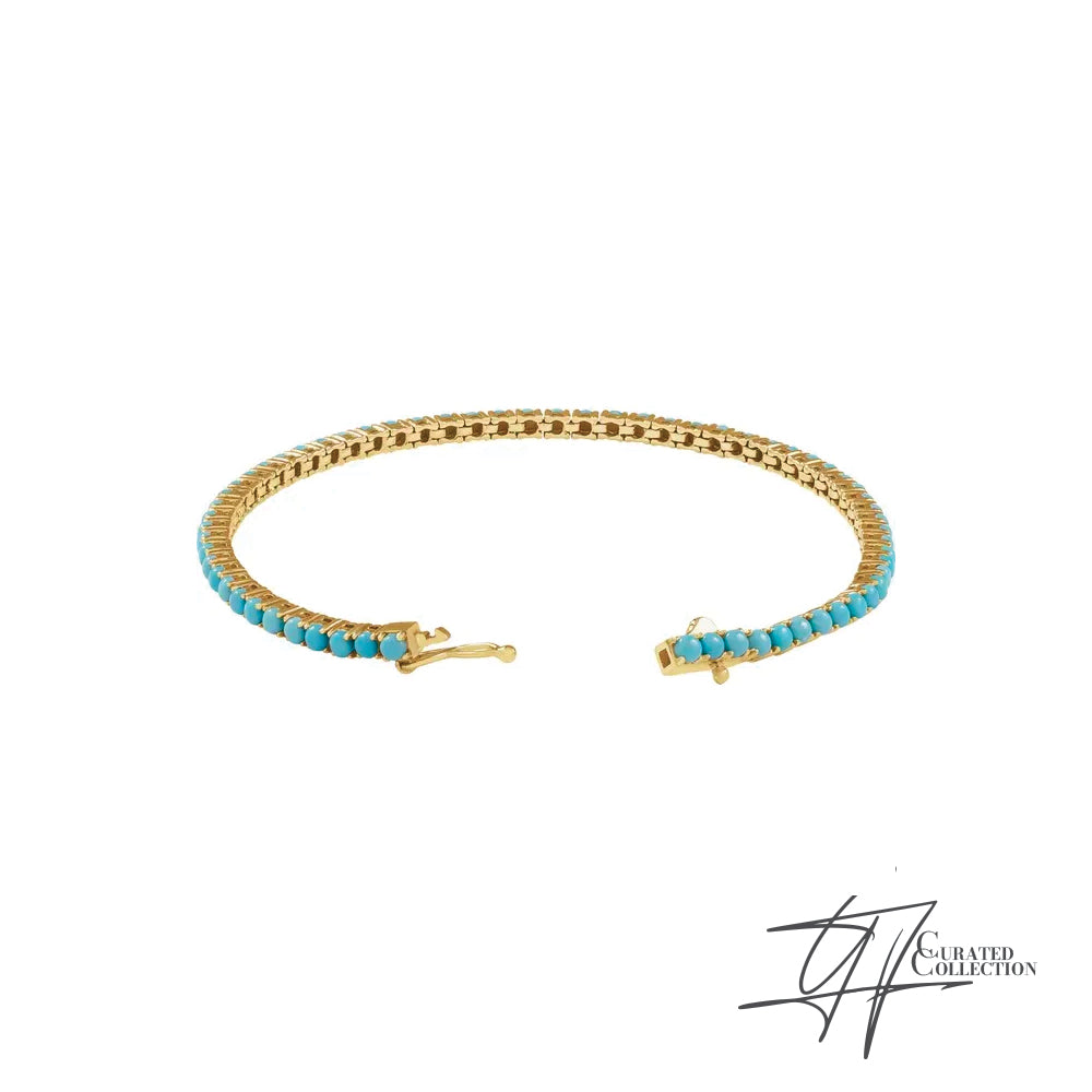 Gradiance Jewelry women's 14KT yellow gold and turquoise cabochon Boho Luxe Tennis Bracelet from the Curated Collection - open view.