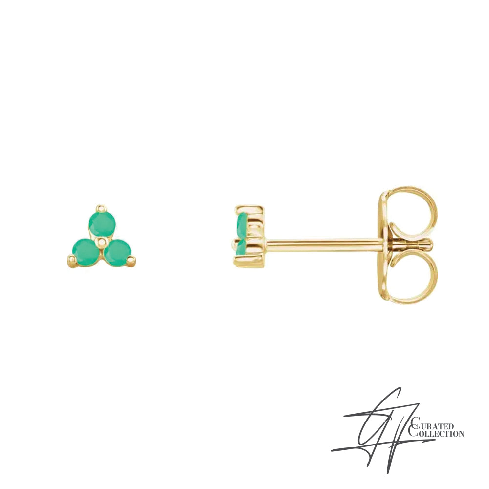 Gradiance Jewelry women's three stone Chrysoprase stud earrings set in 14 KT yellow gold from the Curated Collection.