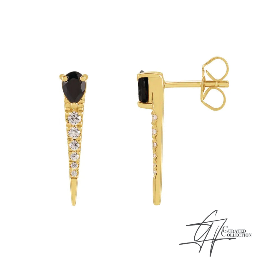 Gradiance Jewelry women's 14KT yellow gold, onyx and diamond Dagger Earrings featuring a spike drop design from our Curated Collection.