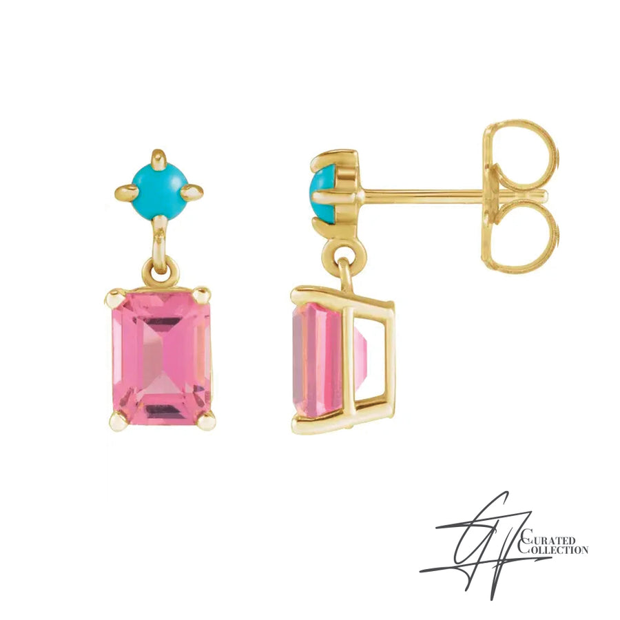 Gradiance Jewelry women's 14KT yellow gold pink tourmaline and turquoise dangle Divine Earrings from our Curated Collection.