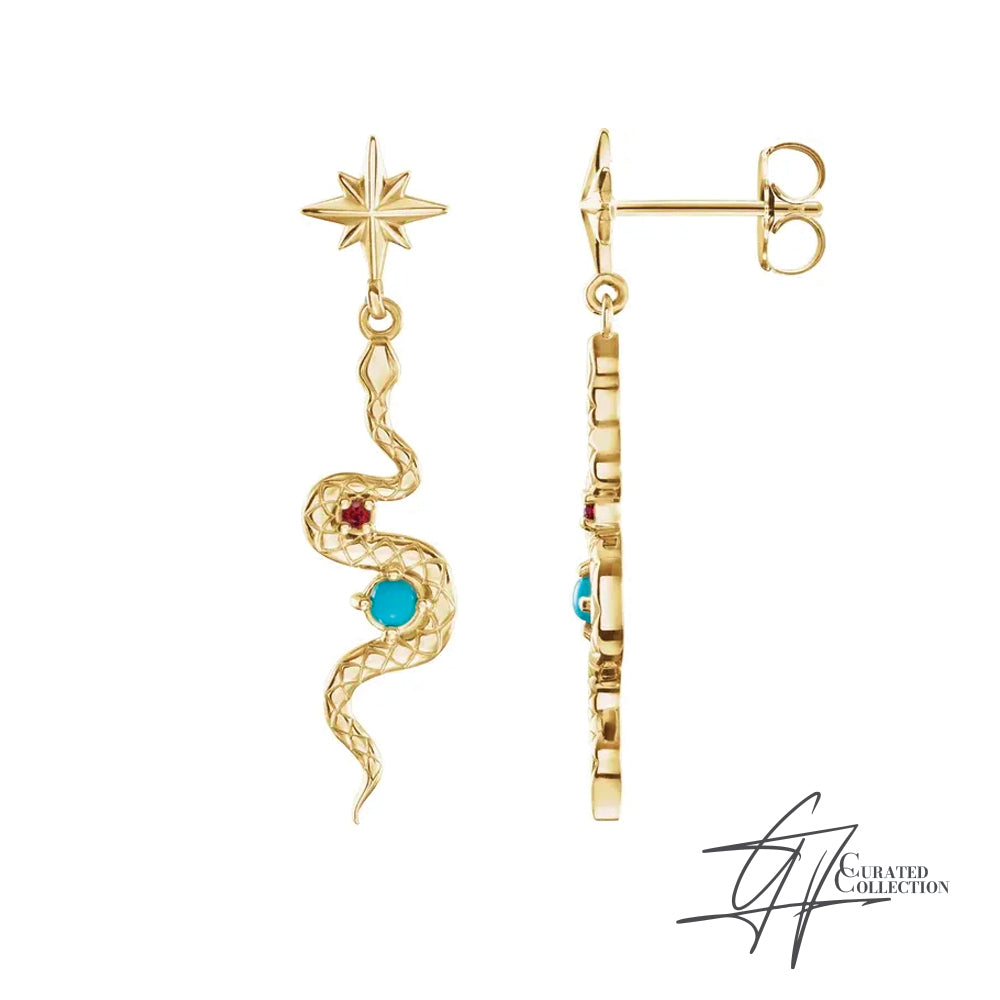 Gradiance Jewelry women's 14KT yellow gold and natural ruby and turquoise Truth Within Earrings that feature a snake dangle design from our Curated Collection.