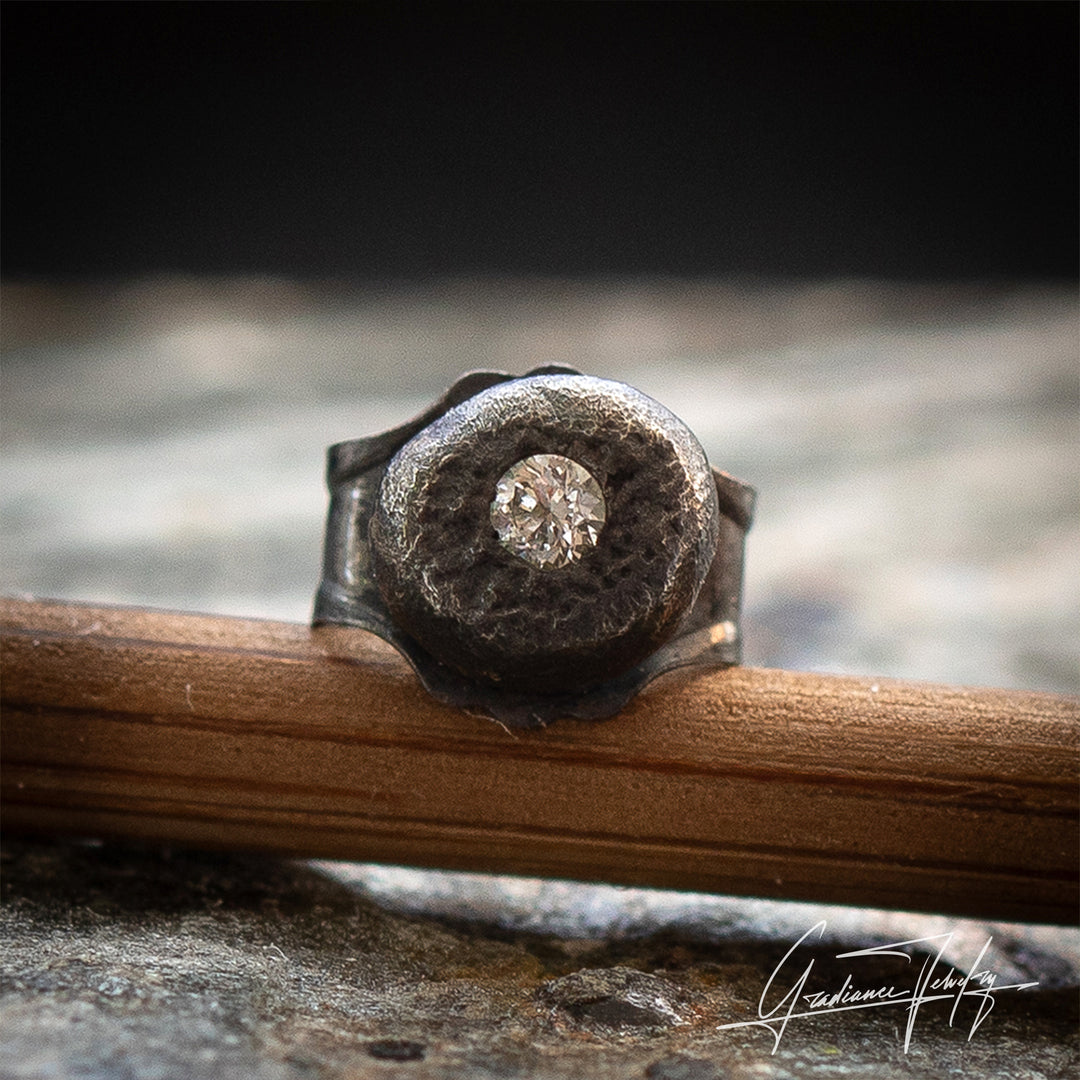 Gradiance Jewelry Oxidized Silver and Diamond Carbon Chronicle men's studs from the Relic Collection - single close up.