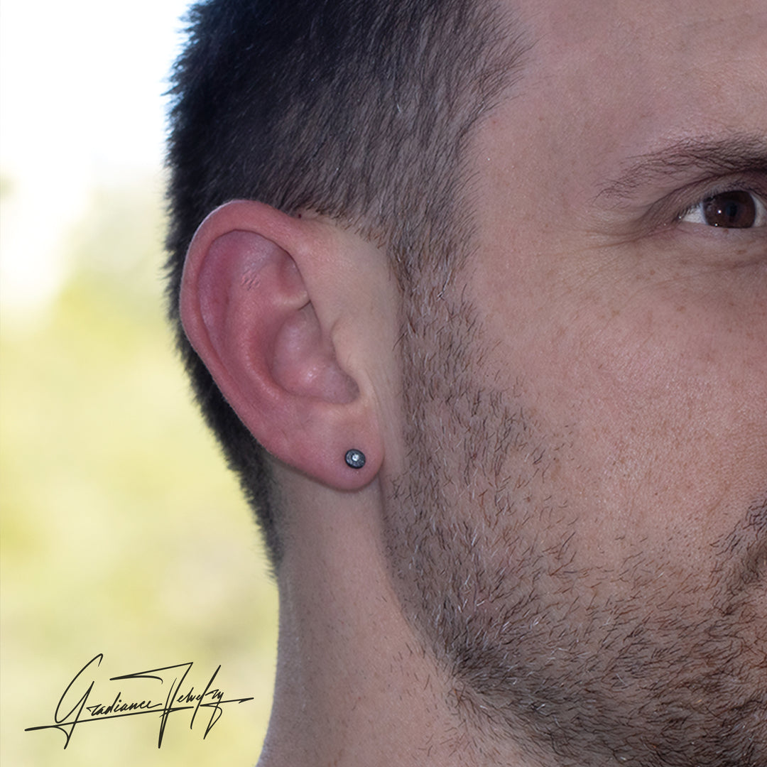 Gradiance Jewelry Oxidized Silver and Diamond Carbon Chronicle men's studs from the Relic Collection - model shot.