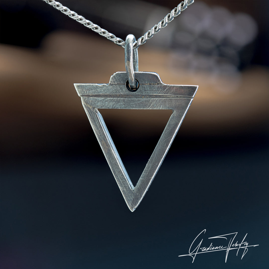 Gradiance Jewelry men's oxidized silver Descent Delta necklace from the Relic Collection featuring a triangle design - front view.