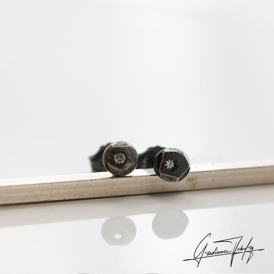 Gradiance Jewelry oxidized silver and diamond Cubism studs from our Little Black Jewelry Collection - product shot.