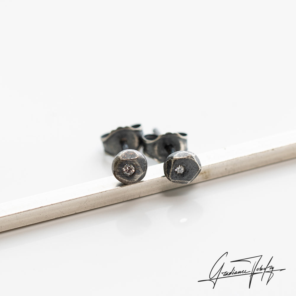 Gradiance Jewelry women's, men's oxidized silver and diamond Cubism studs from our Little Black Jewelry Collection - close up.
