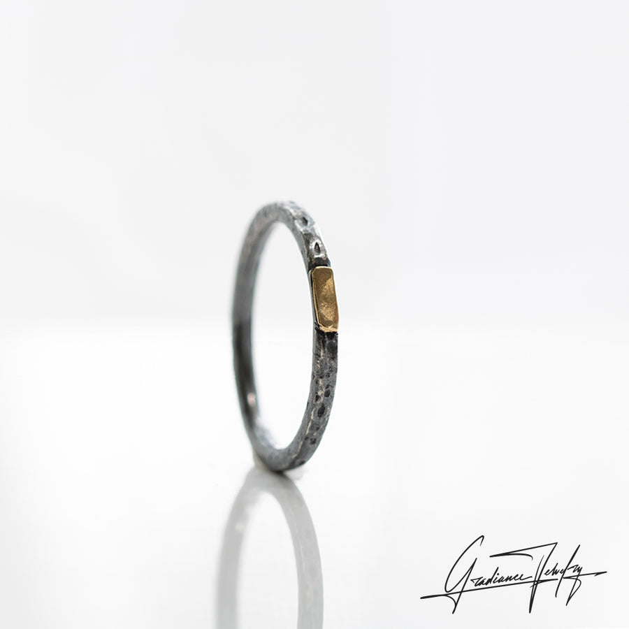 Gradiance Jewelry women's oxidized silver and 18KT yellow gold Gilded Stacking Band from our Little Black Jewelry Collection - front view.