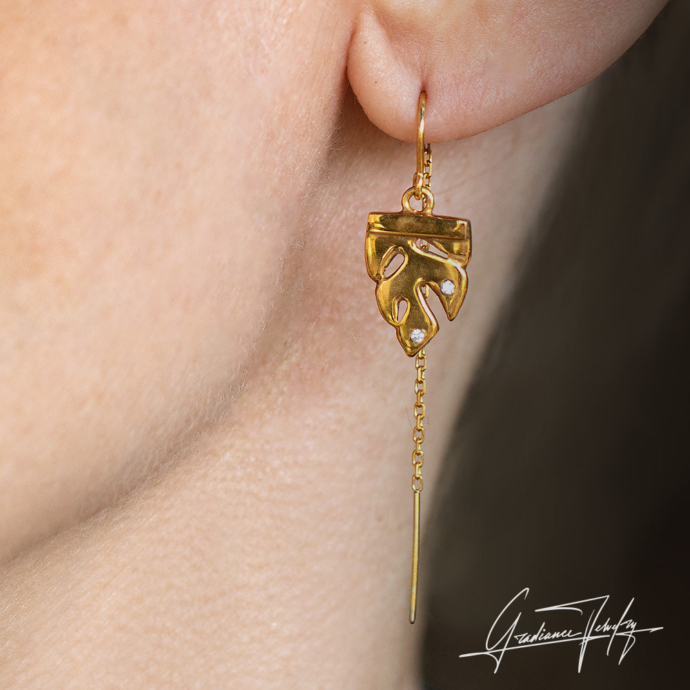 Gradiance Jewelry women's 14KT yellow gold 'Growth' threader earrings, featuring VS quality lab-created diamonds set in a mini monstera leaf design - shown worn.