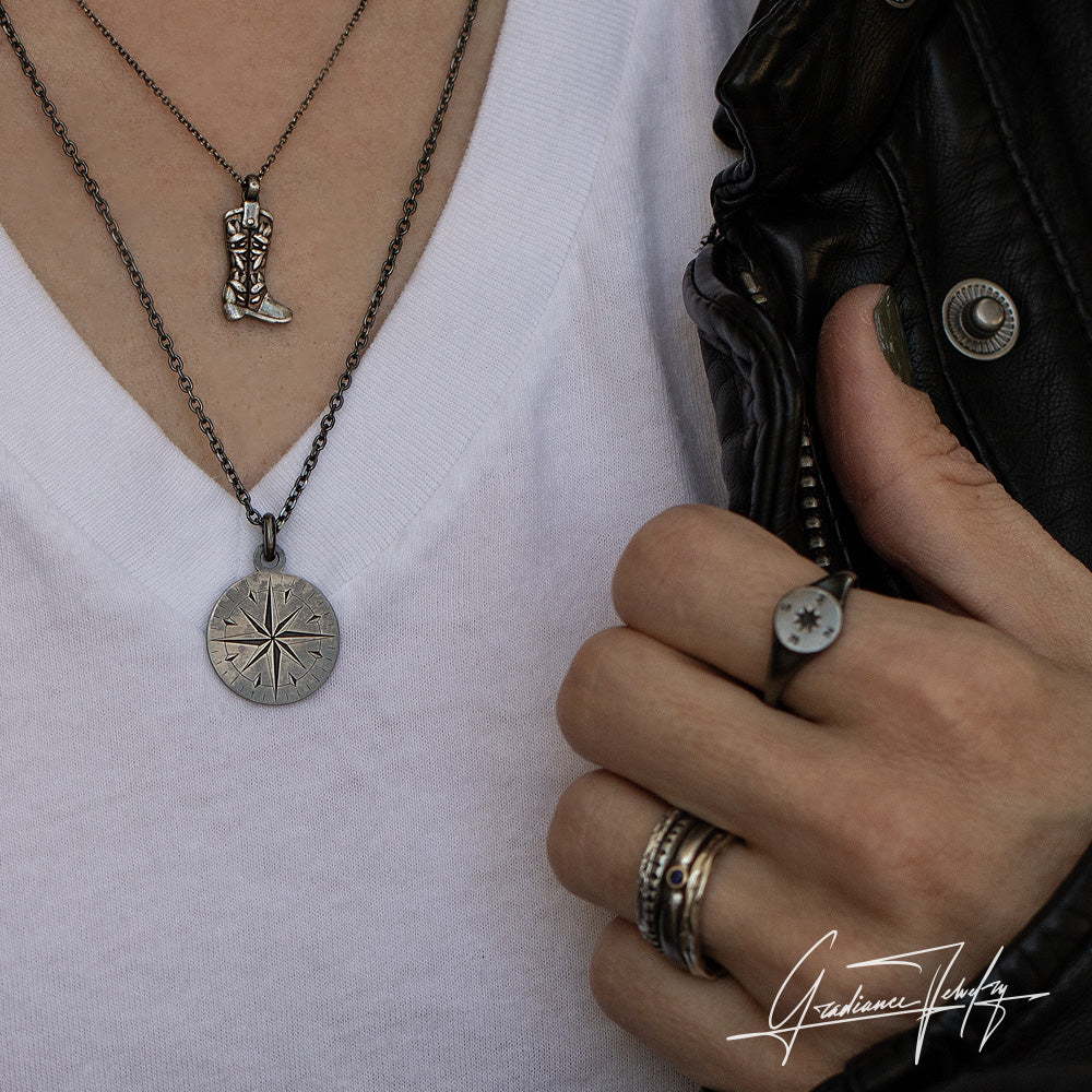 Gradiance Jewelry women's oxidized silver compass Way Home necklace from our Little Black Jewelry Collection - model shot.