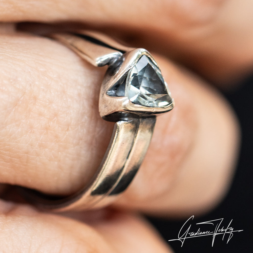 Gradiance Jewelry women's oxidized silver and trillion cut prasiolite " green amethyst" ring from our Little Black Jewelry Collection- shown on model - side view