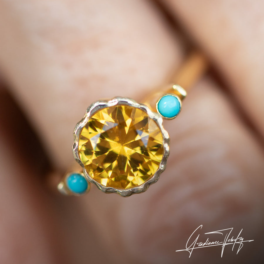 Gradiance Jewelry women's 14KT yellow gold, citrine and turquoise Sun Chaser Pedestal Ring from the Sun Chaser Collection - shown on model.