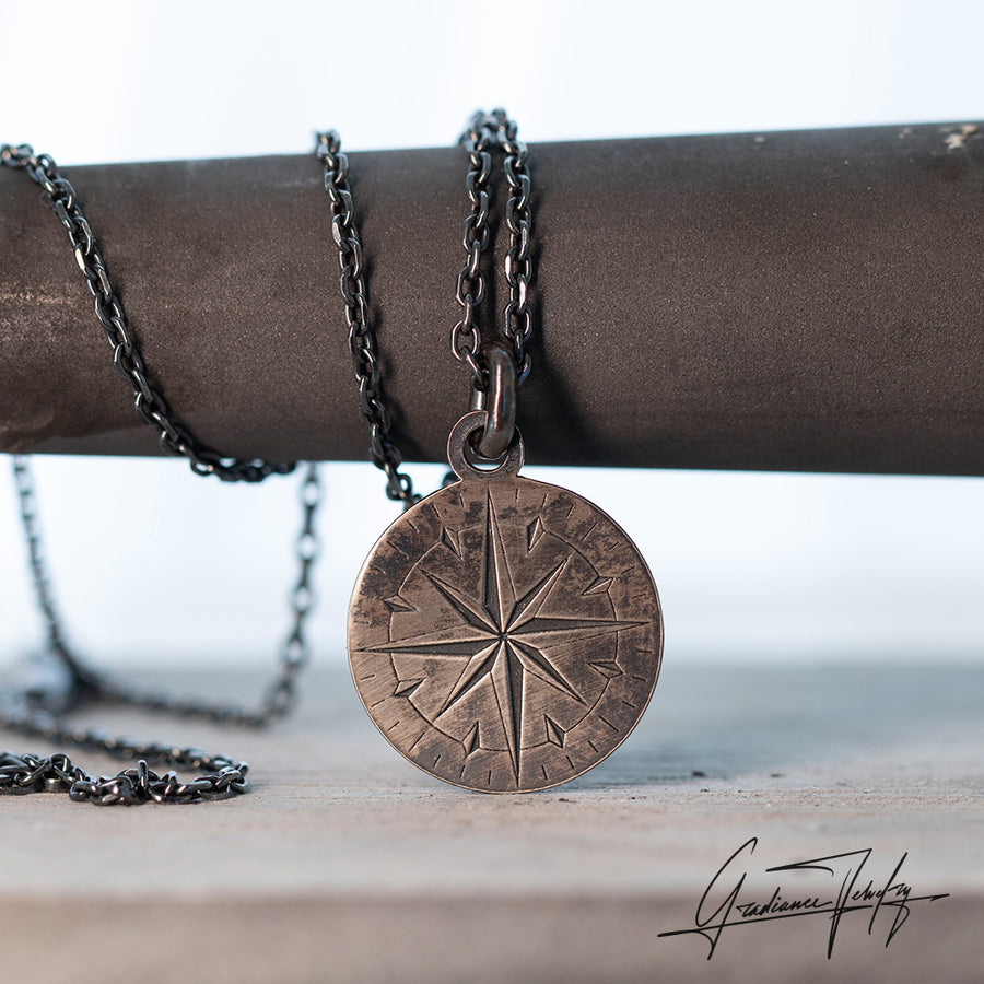 Gradiance Jewelry women's oxidized silver compass Way Home necklace from our Little Black Jewelry Collection - product shot..