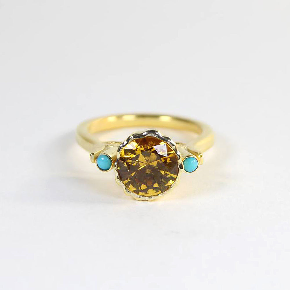 Gradiance Jewelry women's 14KT yellow gold, citrine and turquoise Sun Chaser Pedestal Ring from the Sun Chaser Collection - product shot.