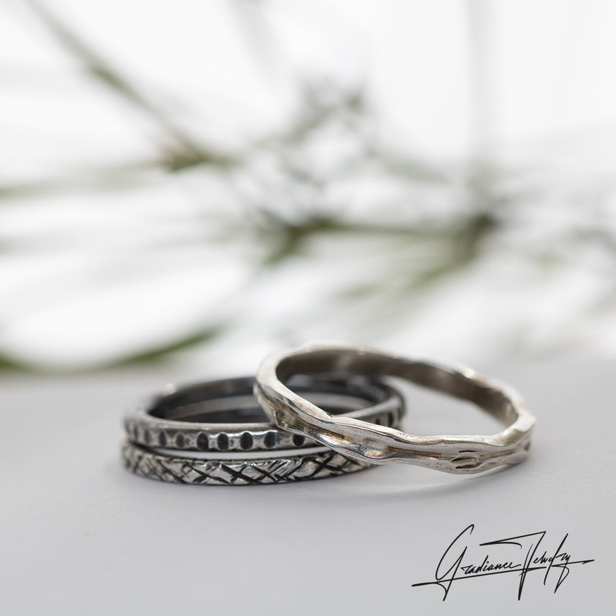 Gradiance Jewelry women's oxidized Silver Worn Stacker Band Set from the Little Black Jewelry Collection - product shot.