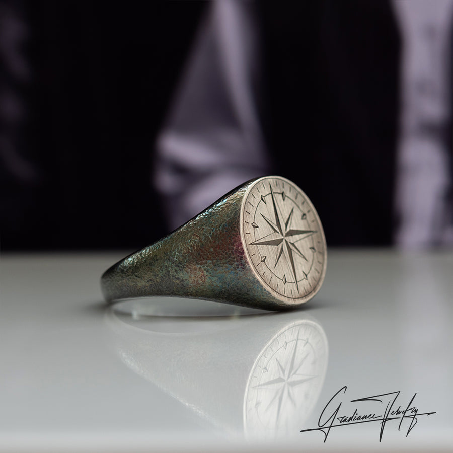 Gradiance Jewelry men's oxidized silver compass Weathered Wayfinder ring from the Relic Collection - side product shot.